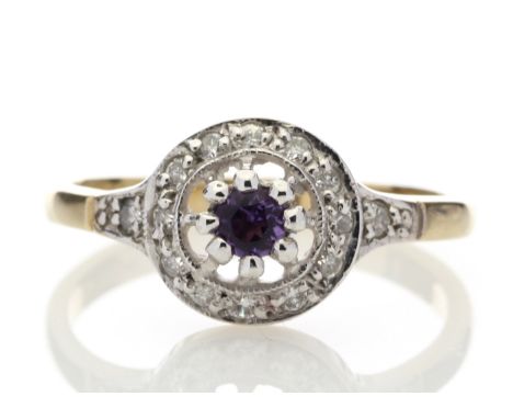 9ct Yellow Gold Round Cluster Claw Set Diamond Amethyst Ring (A 0.15) 0.21 Carats - Valued By AGI £2,595.00 - One round brill