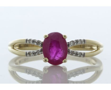 9ct Yellow Gold Diamond And Ruby Ring (R0.81) 0.03 Carats - Valued By IDI £2,505.00 - An oval 8mm x 6mm ruby sit between eigh