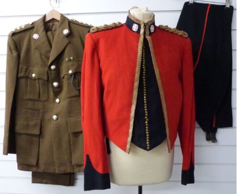 Two British Army uniforms, one a mess kit with Captain rank insignia and ACF shoulder badge, the other No2 Dress for the Wels