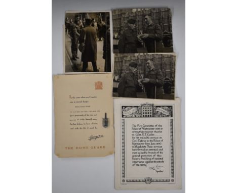 WW2 Palace of Westminster interest Home Guard cap badge, Home Guard certificate, Palace of Westminster certificate signed by 