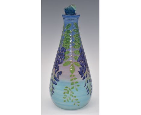 Dennis Chinaworks signed limited edition2/30 covered flask vase decorated with wisteria and with butterfly finial, dated 2006