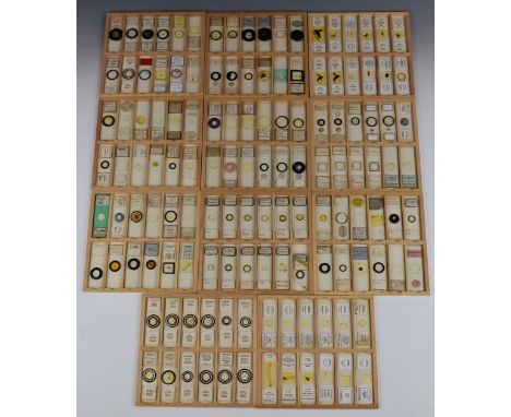 Cabinet of 144 Victorian and later microscope slides, mostly annotated and with preparer's name including H.W.H Darlaston, Fr