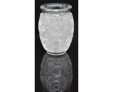 Lalique Bagatelle frosted and clear glass vase decorated with birds amongst foliage, signed to base 'Lalique France', H17cm