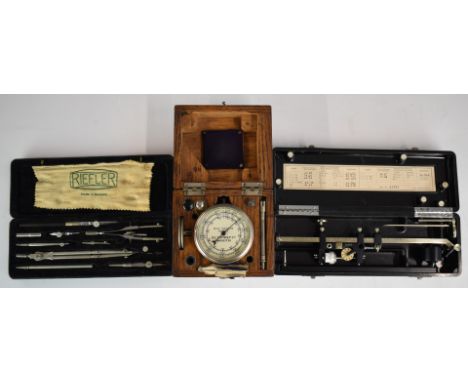 Wooden cased speed indicator or rev counter, Allbrit Planimeter and a cased Riefler drawing set