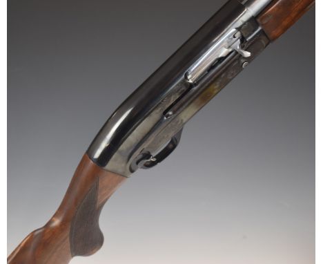 Baikal 12 bore five-shot semi-automatic shotgun with engraved lock, chequered semi-pistol grip and forend, sling suspension m