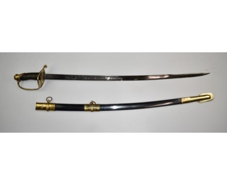 American Civil War reproduction Confederate officer's sword with decoration to 84cm curved blade, with scabbard.&nbsp;PLEASE 