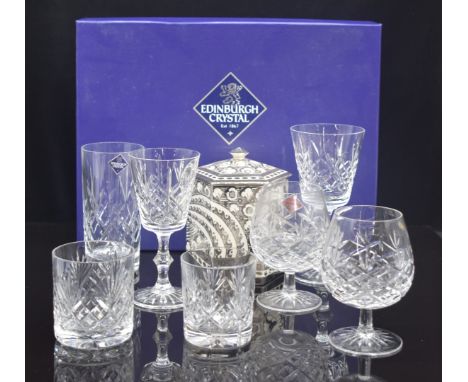 Large collection of cut glass including sets of boxed Edinburgh Crystal cut drinking glasses, wine glasses, tumblers, lemonad