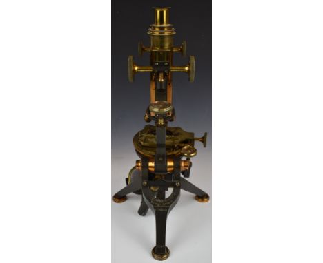 Watson &amp; Sons late Victorian or early 20thC brass microscope, with screw x and y adjustment as well as a rotary dial for 