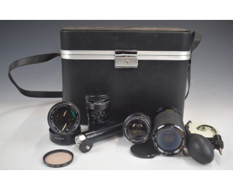 Camera lenses, accessories, films etc in hard case including Cosina auto MC F = 2.8 135mm, Hanimar Automatic 1:28 35mm, Auto 