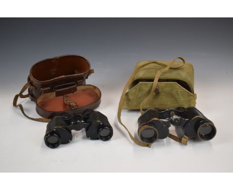 Pair of Kershaw binoculars No 186523 with canvas covered case ink stamped M.E Co 1939 and broad arrow mark, with Lt Green to 