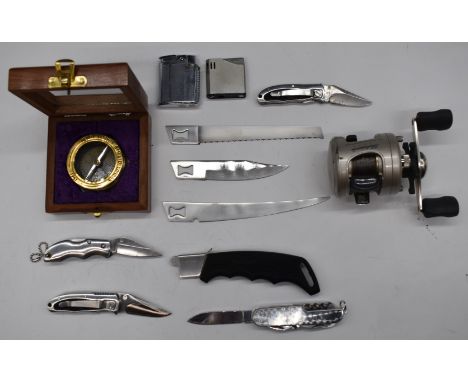 Vintage Shakespeare Medalist multiplier fishing reel, Kershaw knife with multiple blades, further pocket knives, brass compas