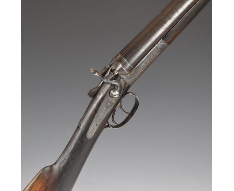 Belgian .410 side by side hammer action shotgun with engraved locks, hammers, trigger guard and thumb lever, chequered grip a
