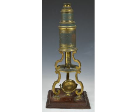 Lynch Dublin19thC brass Culpeper type microscope on wooden base, height 35cm
