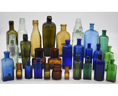 A collection of vintage glass bottles including two 19thC gin, poison, three Cardiff beer, malt, Wedgwood chemists Nottingham