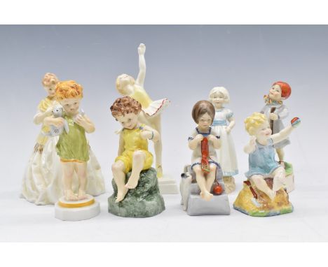 Seven Royal Worcester figures from the Days of the Week series and a 'First Dance' figurine, tallest 19cm