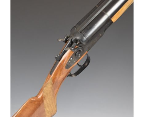 Baikal T03-66 12 bore side by side hammer action shotgun with engraved scenes of birds and dogs to the locks, chequered semi-