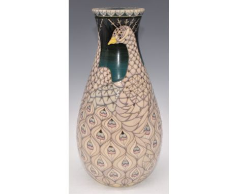 Dennis Chinaworks signed Sally Tuffin limited edition 4/40 covered flask vase decorated in the White Peacock pattern, H31cm&n