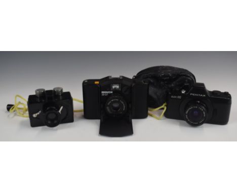 Three miniature cameras comprising Camoject, Brentwood Essex, Pentax auto110 and Minox 35GT