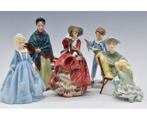 A collection of Royal Doulton and Royal Worcester figures including Biddy Pennyfarthing