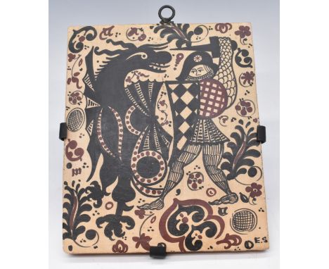 Socarrat tile by Enrique Sanatonio with script verso 'Siglo XV Pintodo A Mamo', with removable metal hanging bracket, 31 x 26
