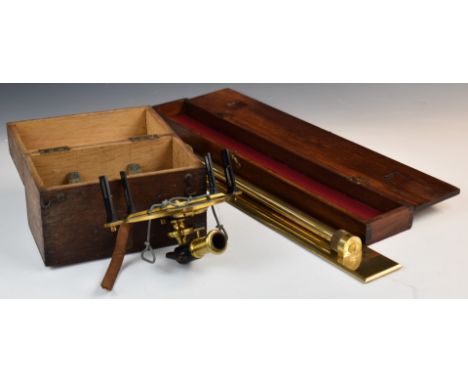 Cased brass surveyor's compass and sighting instrument and large brass rolling rule in mahogany case, length 58cm