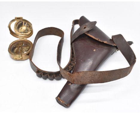 Leather revolver or pistol holster with cartridge belt, 31cm long together with a brass military style compass.&nbsp;