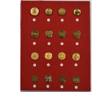 Sixteen vintage hunt/hunting buttons mounted on felt covered display board, comprising North Cotswold, Tivyside, Vine and Cra