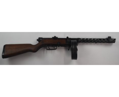 Deactivated Russian PPsh41 7.63mm submachine gun with rotary magazine, canvas sling, adjustable sights and semi-pistol grip, 