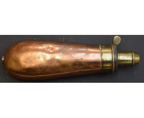 James Dixon &amp; Sons Colt style copper and brass bag shaped powder flask with belt loop, 18cm long.&nbsp;