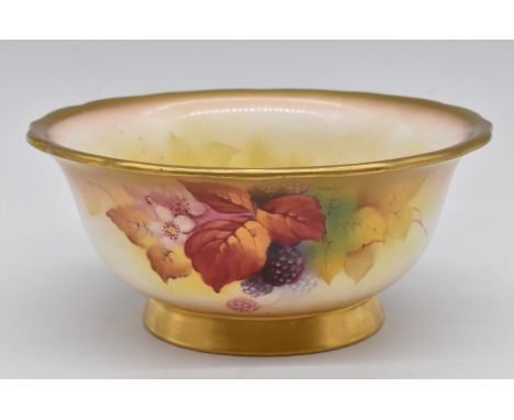 Royal Worcester signed pedestal dish decorated with blackberries signed Kitty Blake, H8 diameter 18cm