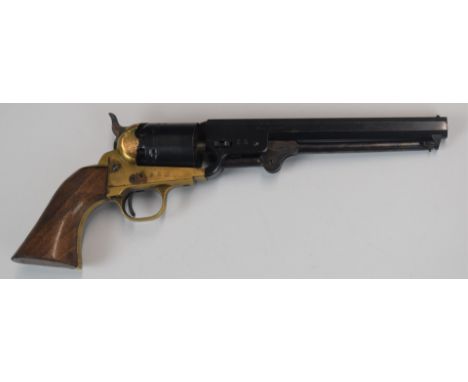 Italian .36 six-shot single-action revolver with brass frame and trigger guard, shaped wooden grips and 7.75 inch octagonal b