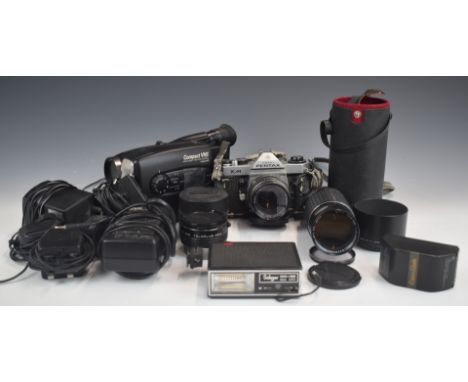 Pentax KM SLR camera with 1:1.4 50mm and 1:4 200mm lenses, JVC compact VHS recorder etc