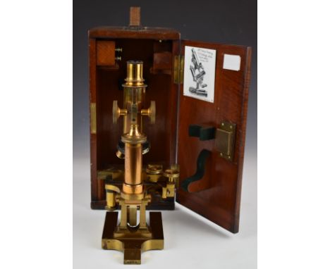 Ross London late Victorian or early 20thC brass microscope, with screw x and y adjustment for the stage, each with Vernier sc
