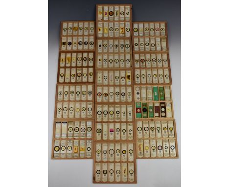 Cabinet of 156 Victorian and later microscope slides, mostly annotated and with preparer's name, most being W.Watson &amp; So