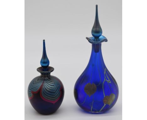 Two pieces of Okra studio glass scent bottles with stoppers, one hand signed Okra 2008 Richard P Golding BA4 the other Okra 9