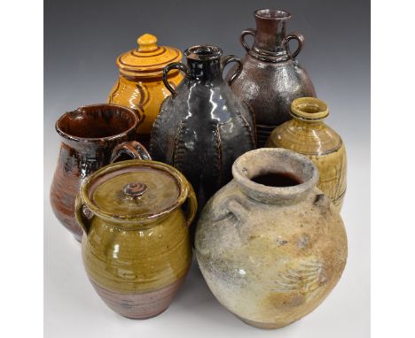 A collection of large studio pottery including Winchcombe, two cider flagons jug etc, tallest 41cm