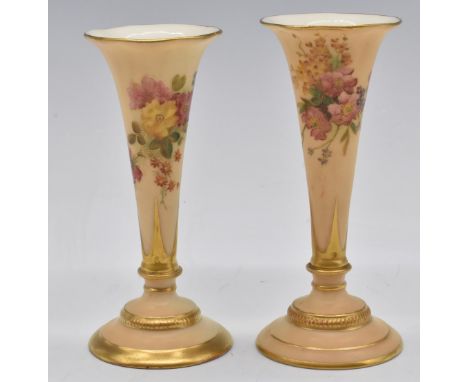 Royal Worcester blush ivory pair of flared pedestal vases decorated with flowers, H14cm