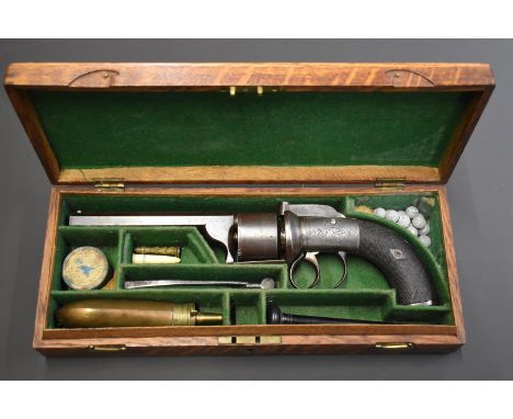 Unnamed 54 bore six-shot double bar hammer action transitional percussion revolver with engraved frame, hammer, butt plate an