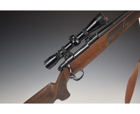 Sako III .243WIN bolt-action sporting rifle with magazine, chequered semi-pistol grip and forend, raised cheek piece, canvas 