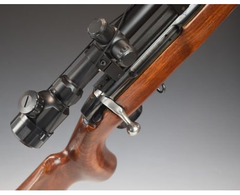 BSA 7.62x51mm bolt-action rifle with semi-pistol grip, raised cheek piece, adjustable butt plate, bi-pod, Tasco 6-24x50 scope