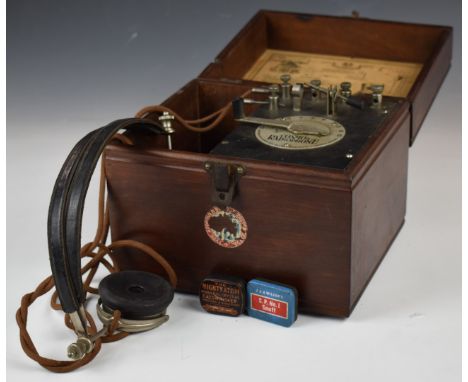 Cosmos Radiophone vintage crystal radio, housed in a mahogany box with headphones, width 22cm