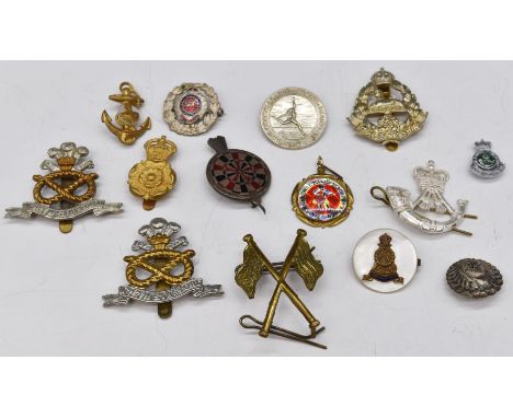 Small collection of military and other badges including Light Infantry, North Staffordshire Regiment, Royal Engineers, East L