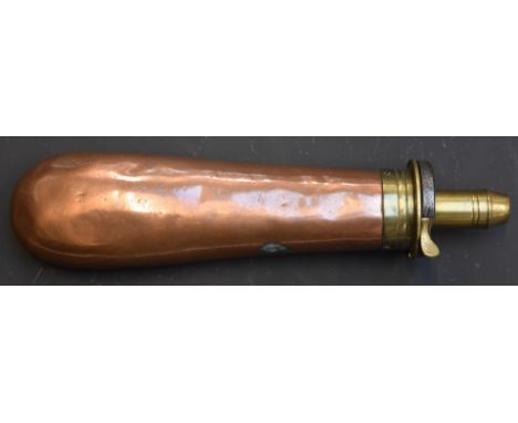 Sykes Colt style copper and brass bag shaped powder flask, 21.2cm long.&nbsp;