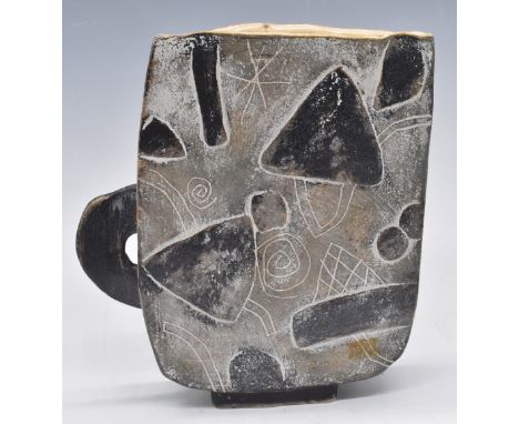 John Maltby (1936-2020) slab vase/jug with incised geometric and abstract decoration, simple loop handle and Maltby monogram 