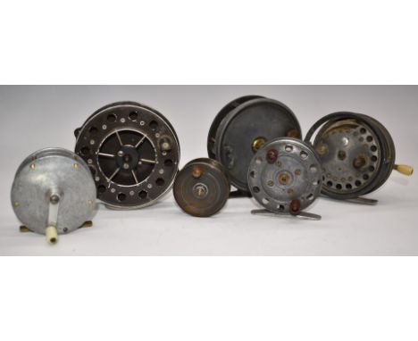 Six vintage fishing reels including Hardy Silex no 2, Alex Martin Glasgow, two Centrepins etc