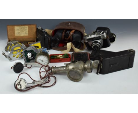 Collectables to include cameras including Kodak folding examples, Janlik 8x40 binoculars,&nbsp;scales, Lucas candle lamp, AA 
