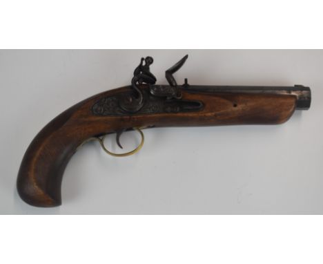 .45 flintlock hammer action pistol with engraved lock, brass trigger guard, mounts stamped 'E P Woodfield Chepstow' and 6.5 i