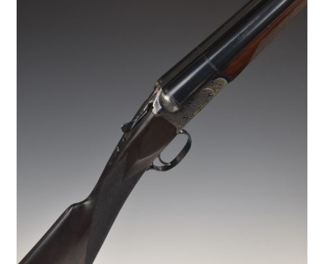 Webley &amp; Scott 712 12 bore side by side ejector shotgun with engraved locks, trigger guard, underside, top plate, thumb l