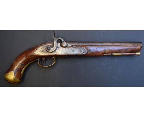 Percussion converted from flintlock percussion hammer action Light Dragoon pistol with engraved hammer, brass trigger guard, 