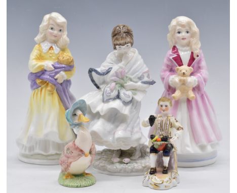 Three Royal Worcester figures, Royal Crown Derby example and a Royal Albert Beatrix Potter figure of Jemima, tallest 20cm